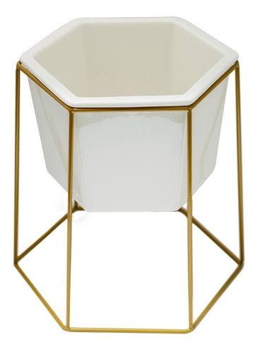 Maceta Ceramica Hexa C/base D17x20cm Blanco/dorado