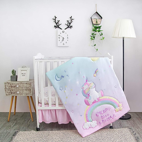 ~? La Premura Mini Crib Bedding Set Girl, Rainbow Unicorn Ba