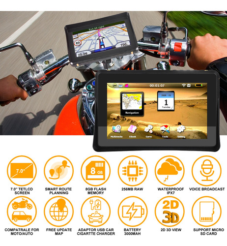 Navegador Impermeable De Motocicleta Gps De 7 Pulgadas