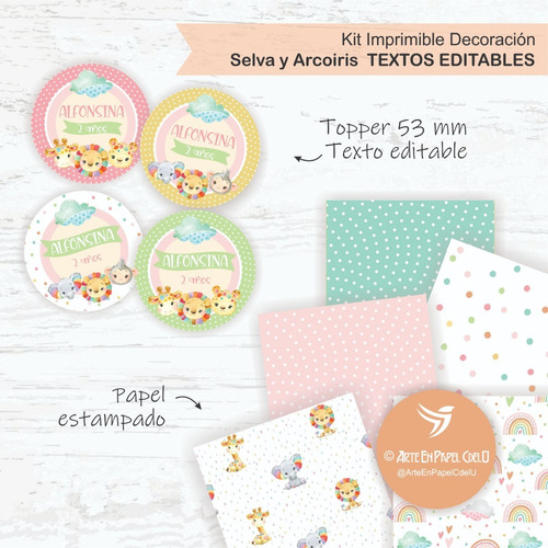 Imagen 4 de 5 de Kit Imprimible Cumple Candybar Animales Nena Texto Editable