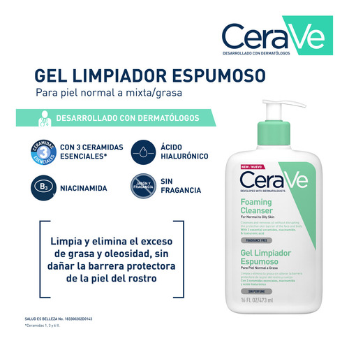 Gel Cerave Limpiador Espumoso Piel Normal A Grasa Sin Perfum