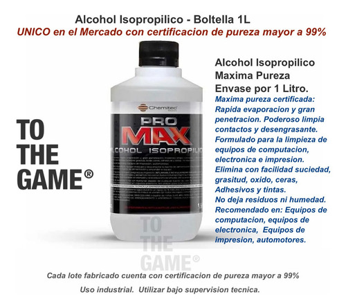 Imagen 2 de 2 de Alcohol Isopropilico 1 Litro Máxima Pureza Certificada 1l