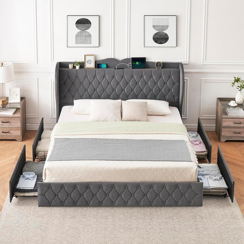 Bed Frame Idealhouse King Size C/ Cabecera Alta Grey