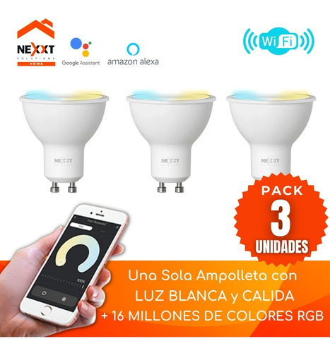 Imagen 1 de 6 de Pack 3 Ampolletas Wifi Inteligente Gu10 Blanco/color Nexxt