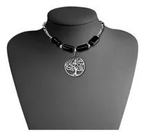 Comprar Collar Color Plata Dije Árbol De Vida Piedra Obsidiana Mujer