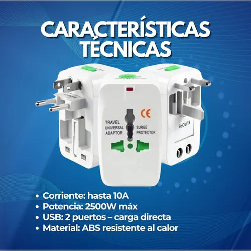 Adaptador Enchufe Universal Ac Viajero + Cargador 2 Usb