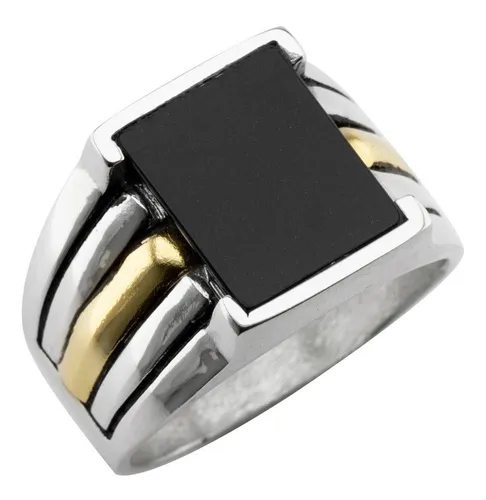 Anillo Hombre Plata Y Oro Tipo Sello Con Piedra Onix Papa