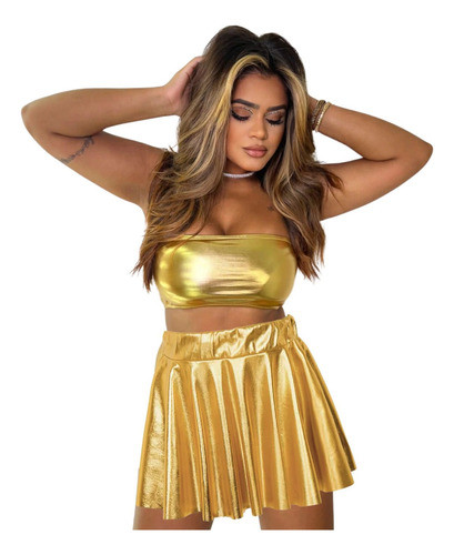 Conjunto Saia Plissada E Top Metalizado Carnaval Bloquinho