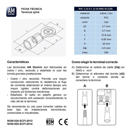 Terminal Ojillo 1/8 In (22-16 Awg) Pvc Roja 100 Pzs