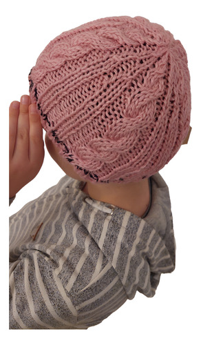 Gorro De Lana Tejido A Mano Artesanal Gl05 Único Niño Rosa Rayado Fantasía