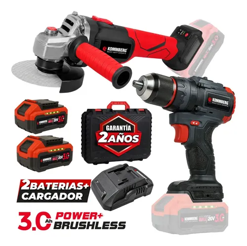 Combo Taladro Inalámbrico + Amoladora Kommberg Brushless 2 Baterías + Cargador