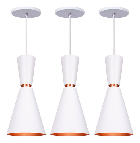 Kit 3 Lustre Pendente Cone Moscou Moderno Mesa Balcão Cor Branco com Cobre Iluminar Ambiente