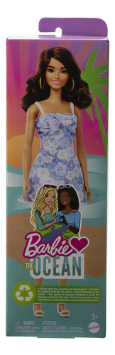Barbie adora a boneca do oceano, morena de vestido azul e acce