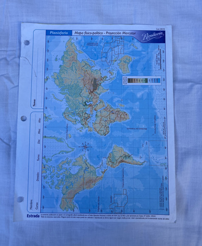 Planisferio Mapa Físico-político Proyección Mercator N°3 (Usado)