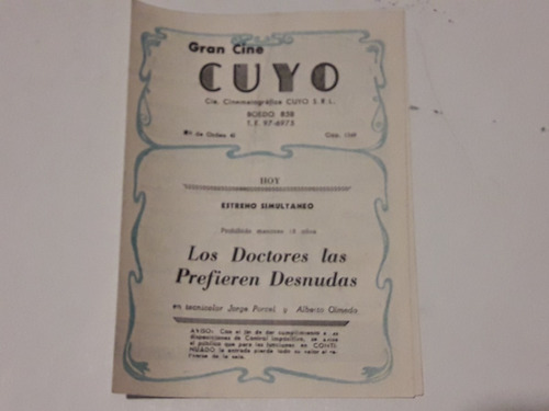Folleto De Cine Cuyo: Los Doctores Las Prefieren Desnudas