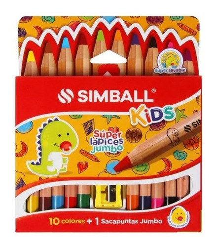 Imagen 1 de 4 de Súper Lápices Jumbo X 10 Colores Simball Kids + Sacapuntas