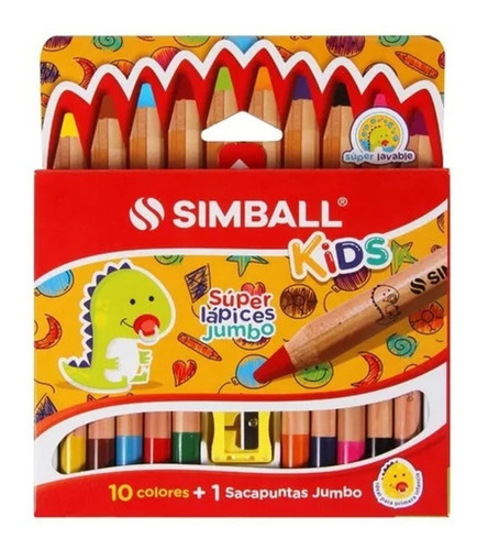 Súper Lápices Jumbo X 10 Colores Simball Kids + Sacapuntas