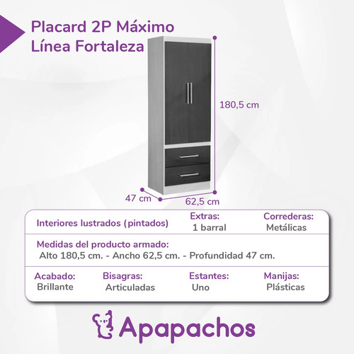 Placard Máximo Fortaleza 2p 2c Melamina 62.5 Cm Caoba