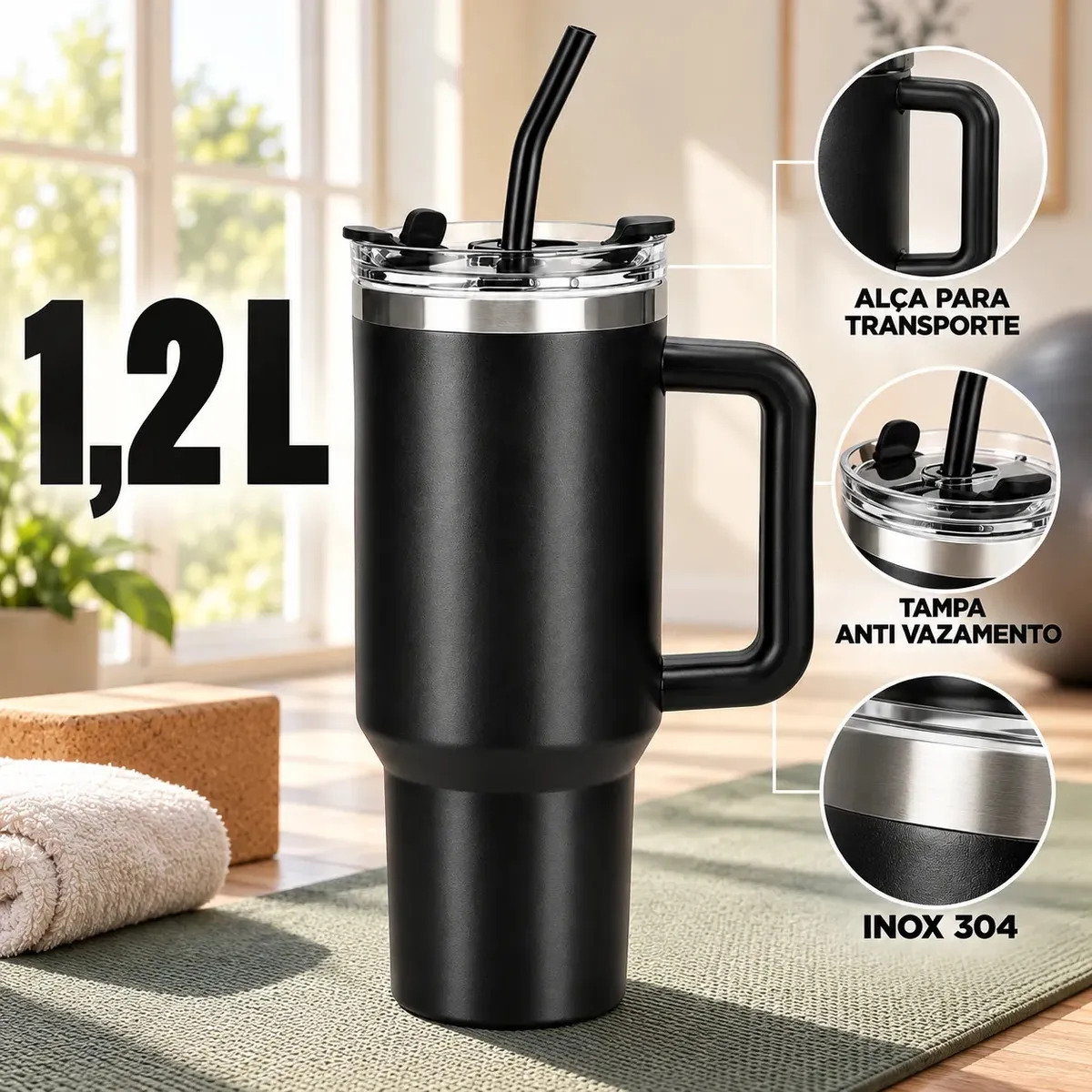 Copo Térmico Caneca Garrafa 1,2L 1200ml Inox Com Alça Tampa Anti-vazamento Canudo Parede Dupla Quente Fria Carro Academia Viagem Sólar