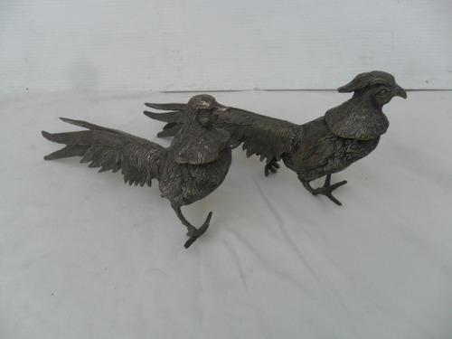 Antigua Pareja Faisan Bronce Art Deco Estatuilla Gallo Riña