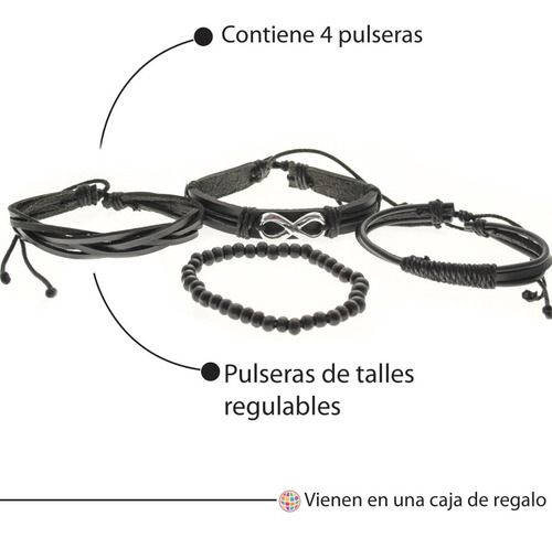 Imagen 3 de 7 de Pulsera Hombre Conjunto 4 En 1 Dije Infinito Cuero Negro