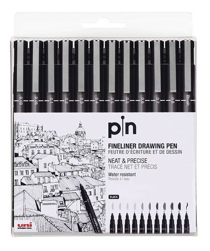 Imagem 1 de 6 de Caneta Uni Pin Nankin Preta 12 Unidades 0.03/ Brush Uni Ball