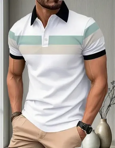Camiseta Polo Masculina Listrada Colorida De Manga Curta