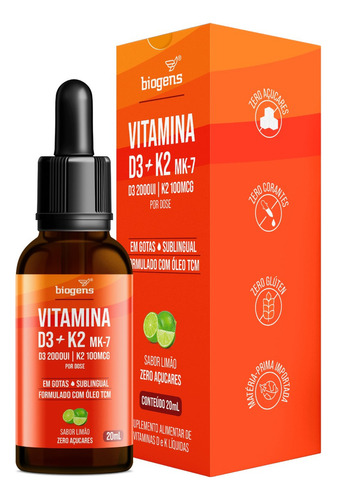 Vitamina D3 + K2 Mk-7, Em Gotas, Sublingual, D3 2000ui | K2 100mcg, Sabor Limão, 20ml, Biogens