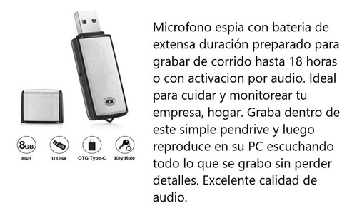 Imagen 2 de 10 de Microfono Espia Pendrive 8gb Bateria Larga Duracion 18hs