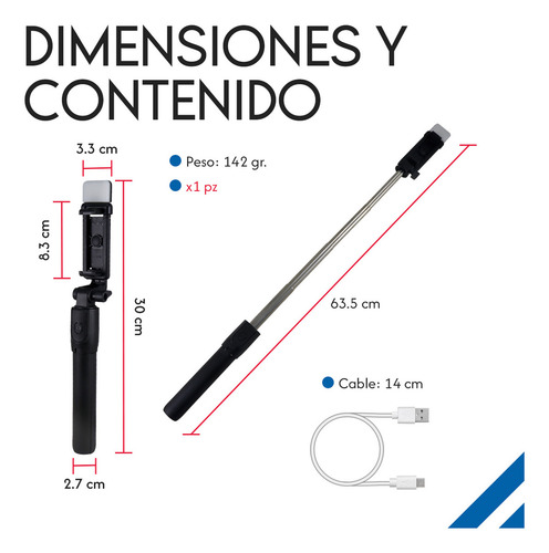Palo Bastón Selfie Stick Con Luz Led Diler Adaptable Ajustable Flash Con 2 Intensidades Trípode Bluetooth Con Control Remoto Color Negro