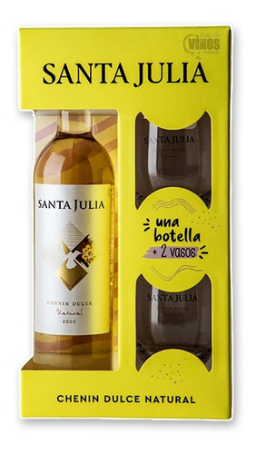 Estuche Vino Santa Julia Chenin Dulce + 2 Vasos Pack X4