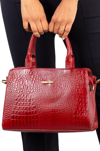 Bolsa De Couro Croco Estruturada Emili Cor Vermelho