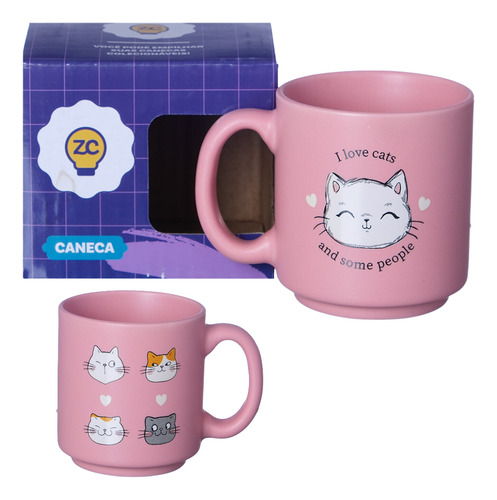 Mini Caneca I Love Cats Gata Rosa Empilhável Cerâmica 100ml