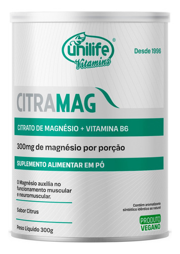 Citrato de magnesio 300 mg de vitamina B6 Unilife Citramag en polvo con sabor a cítricos