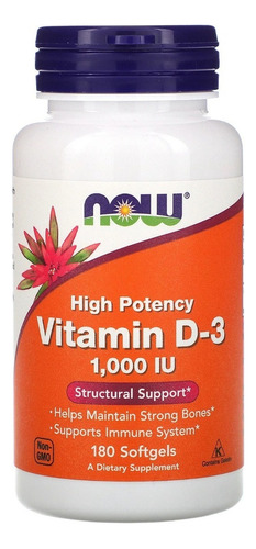 Suplemento em softgels NOW  Structural Support Vitamin D-3 1000 IU vitamina d3 Vitamin D-3 1000 IU sabor  without flavor em pote 180 un