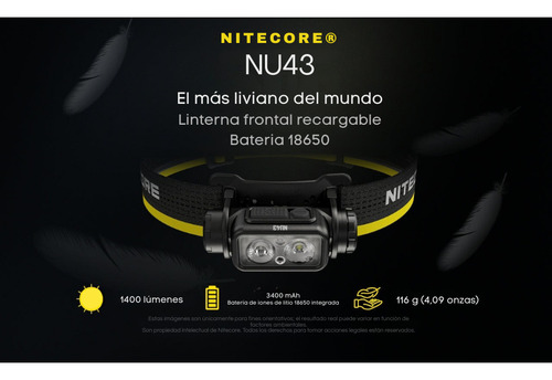 Linterna Frontal Recargable Nitecore Nu43 1400lumens 3400mah Linterna Prism crush black Luz Blanco