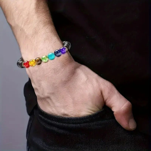 Pulsera De Ágata Negra Con 7 Chakras Y Piedra Volcánica