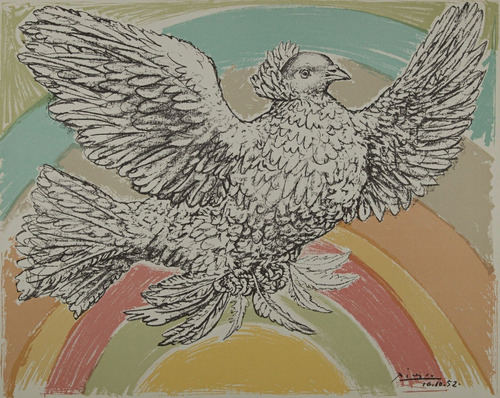 Pomba Voando Para O Arco-íris De Picasso Em Tela 70cm X 55cm