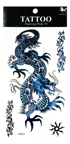Nipitshop 1 Hoja De Tatuaje Temporal Grande 3d Dragón Azul