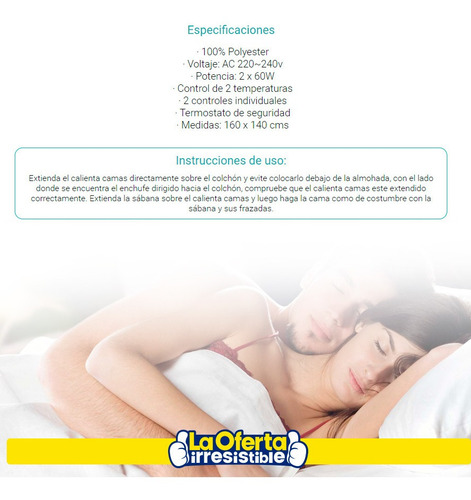 Imagen 3 de 5 de Calienta Camas Nappo 2 Plazas 2 Niveles 2 Controles En Loi
