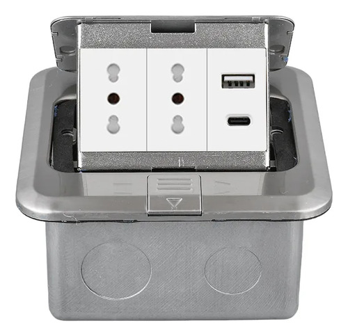 Kit Caja De Piso Pop Up Metálica 2 Tomas 16a + Type-c + Usb