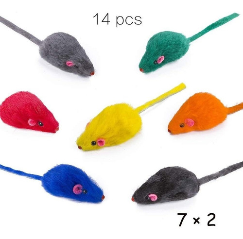 Yangbaga Real Fur Mice Rattle 14 Pack, Cat Toys Rainbow M