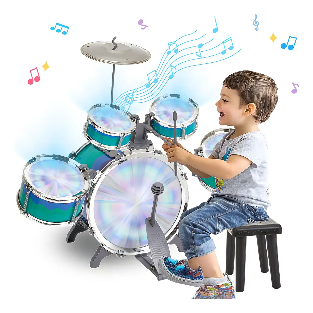Rovtop Batería Musical Infantil de 5 Tambores con Luces, Platillo y Bombo, Set de Percusión para Niños y Niñas con Banco y Baquetas, Juguete Musical Educativo para Aprender Ritmo d