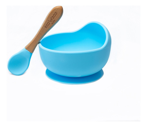 Tazón Para Bebé De Silicona Ecowood Con Cuchara De Bambú Color Azul Bowl Silicona
