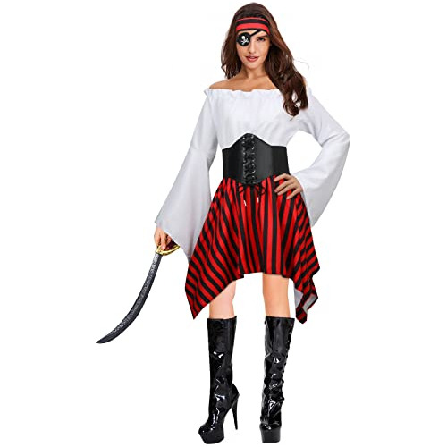 5 Piezas De Disfraz De Pirata Mujeres, Blusa Renacentis...