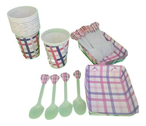 Kit  Picnic Rosa Fucsia Lila Vasos+cubertos+bandejas 36inv