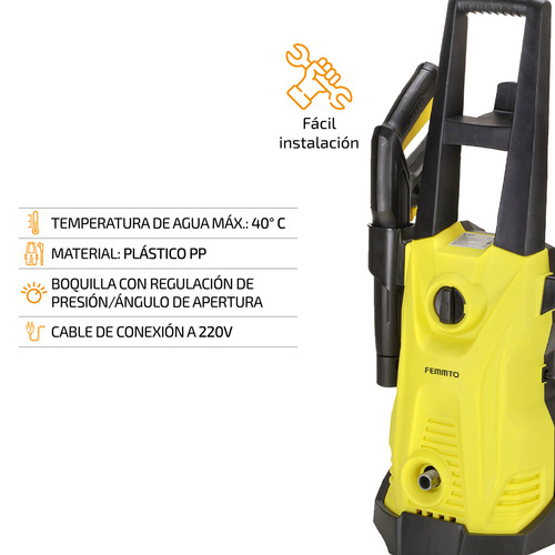 Imagen 4 de 10 de Hidrolavadora Eléctrica Alta Presión Femmto Auto-stop 120bar Color Amarillo y Negro Frecuencia 50 Hz