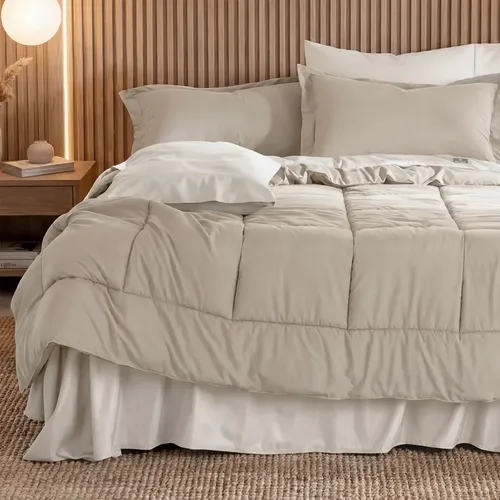 Set de 7 Piezas Edredón Acolchado y Sábanas King Size Real Textil, Colcha Todo el Año, Hipoalergénica, Color Khaki y Beige