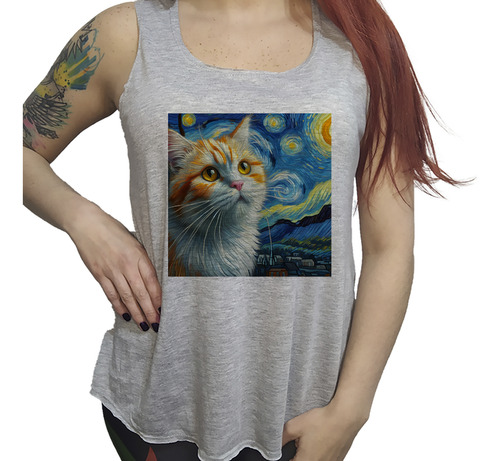 Musculosa Ac Dama Gato Naranja Van Gogh Starry Night Arte