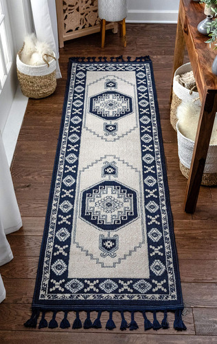 Alfombra Pasillo Estilo Kilim Azul Oscuro 2 Pie 3  X 7